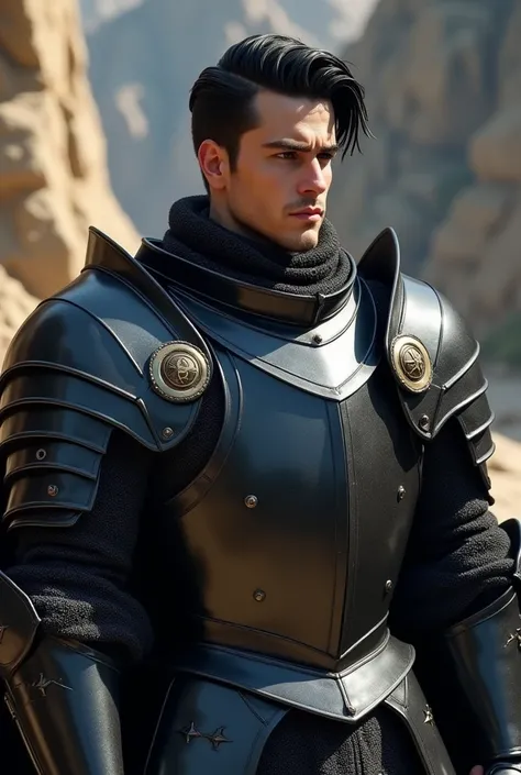 White-skinned male character wearing black medieval armor. Black hair combed to the left side