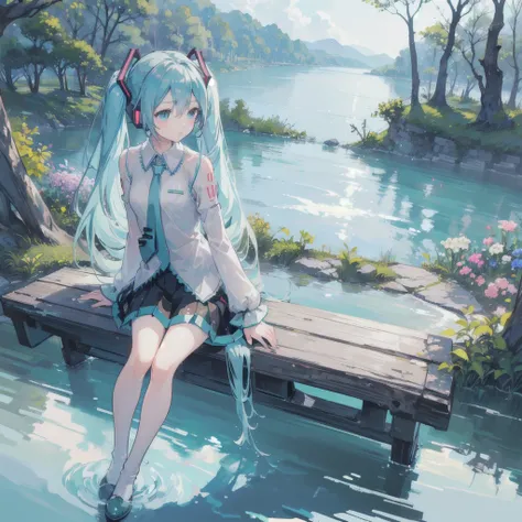 score_9, score_8_up, (masterpiece:1.2), (best quality:1.2), (digital illustration:1.2), intricate details, (Hatsune Miku:1.3), (1girl:1.4), (sitting on a stone bench by the lake:1.2), (thoughtful expression:1.2), (light blue blouse:1.1), (light gray thin j...