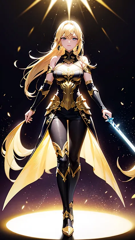 Flickering Glowing Sword,Holding a sword with two hands,Full Body Standing Figure ,Gold and black armour with open shoulders and short bangs 1 women,Gorgeous face , Solo,  High Resolution, Long hair, Blonde hair,  simple background ,  Hair Jewelry ,  depth...