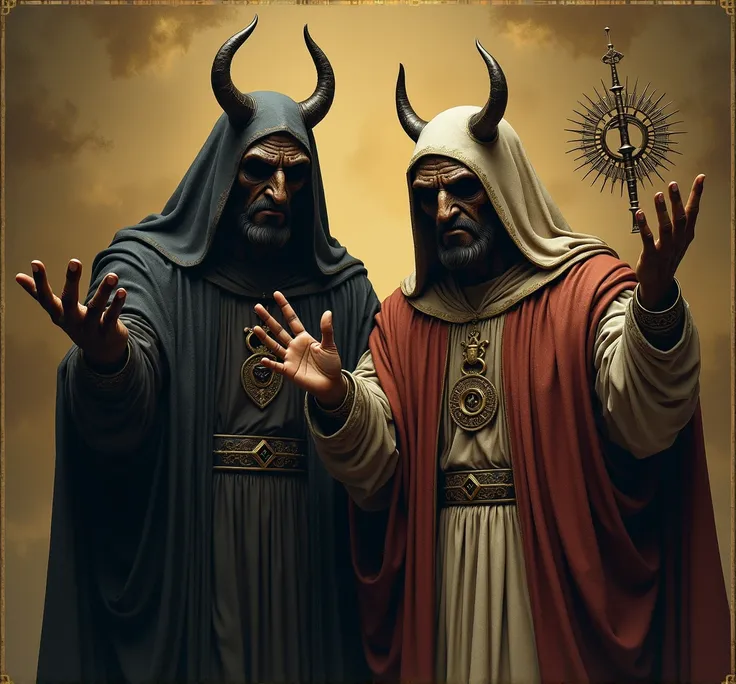  A symbolic portrayal of the Beast and the False Prophet, their hands reaching out to control the world’s power. One figure is draped in a dark, imposing cloak, while the other holds a religious symbol, representing the manipulation of both power and faith...