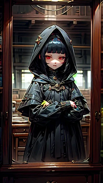 Best Quality、 detailed down to the smallest detail、Structurally correct、、 hooded girl、Black hair with a bob cut、Red eyes、Black clothes、Research Room