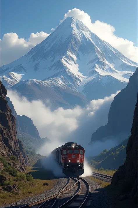 Create an image of the Ixtaccihuatl volcano and a freight train 
