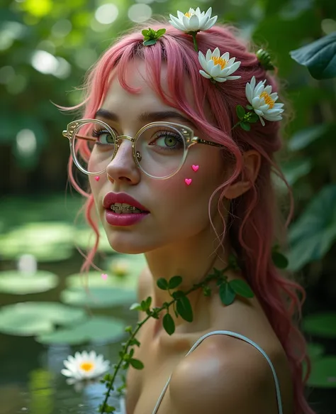 18-year-old woman, Armenian, Armenian appearance, ideal appearance, ideal woman, sexy, woman in the thicket, woman in the water, green shining water, vines around her neck, vines wrap around her neck, white flowers in her hair, white flowers in her hair, c...