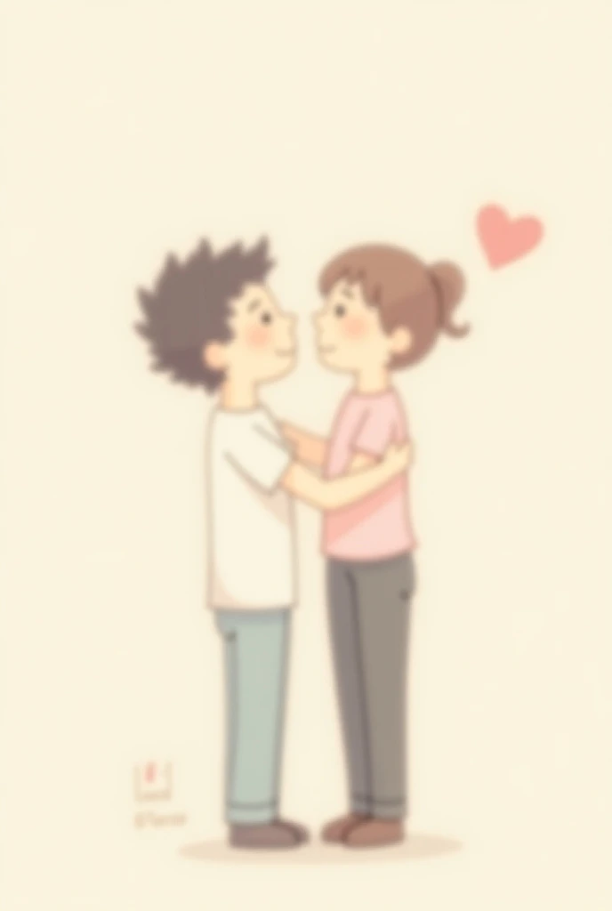 A couple of boyfriends,  little people in stick style ,  a boy and a girl ,  she has brown hair and black hair,  he wears a white t-shirt and shes a pink t-shirt ,  both wear full pants ,  they look blushed and smiling , The phrase in the image is :  Just ...