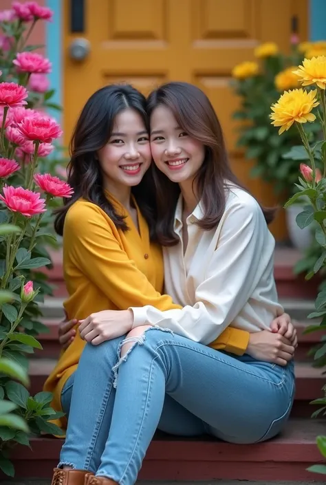  a young handsome Korean man smiling hugging a beautiful woman beautiful hair shoulder-length ombre color black brown blow wearing shirt dress, facing to the camera smile happy ,  shirt bolero  ,Knee torn jeans and leather boots sitting on the stairs of th...