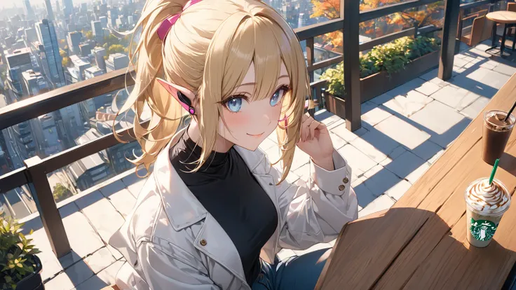  Looking at the Sky 、 Looking at the Sky 、Frappuccino、profile、profile、 Stylish Terrace Seats、The Big City of Japan 、Stylish cafe、1人のElf、 perfect eyes、Soft light, High image quality, 4K resolution, masterpiece,  textured skin from above,  I was particular a...