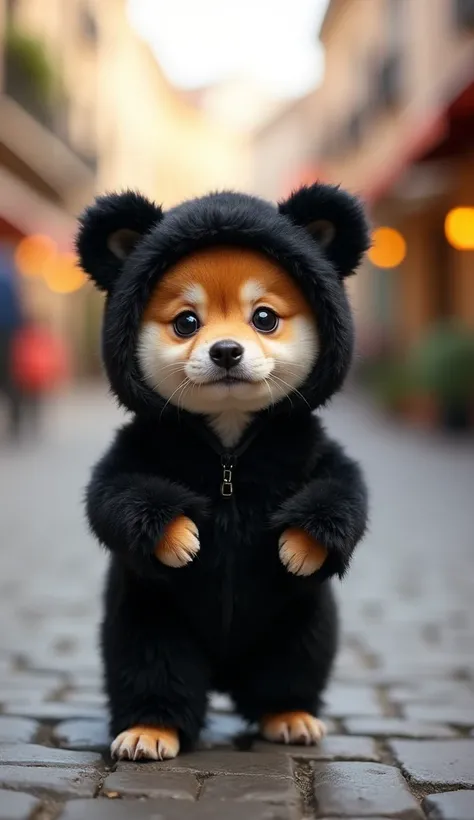 Generate a detailed image of a Shiba Inu puppy standing on a cobblestone street, wearing a fluffy black bear costume with round ears. The Shiba Inu should have a friendly, calm expression, standing upright, and the costume should cover its body, resembling...