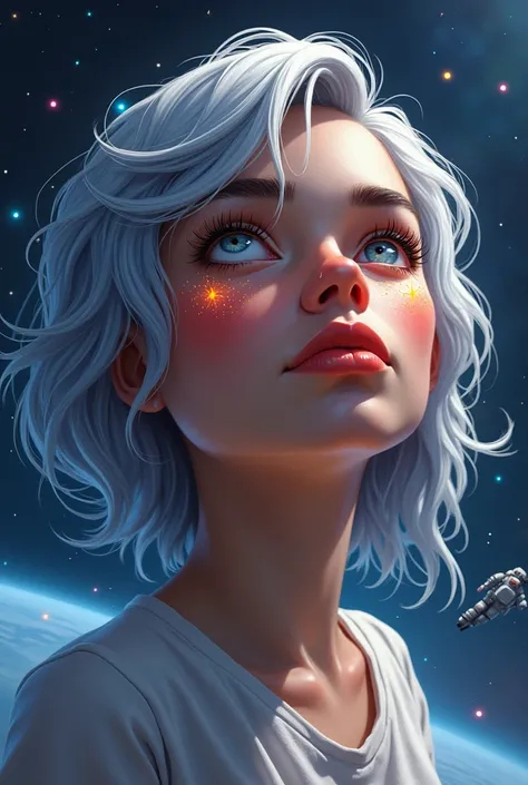 chubby hispanic woman on her 30s(Close-up of a better masterpiece:1.5)0.9], (Space and astronauts:1.2) (Messy silver hair:1.1) (Colored stars in the eyes:1.0) (A radiant glow:1.1) (thick lips:0.9)