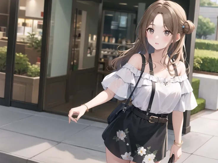 masterpiece, best quality, highres, hmhi, long hair, single side bun, jewelry, collarbone, off-shoulder shirt, white shirt, puffy short sleeves, belt, skirt, floral print, standing, hand bag, mall,