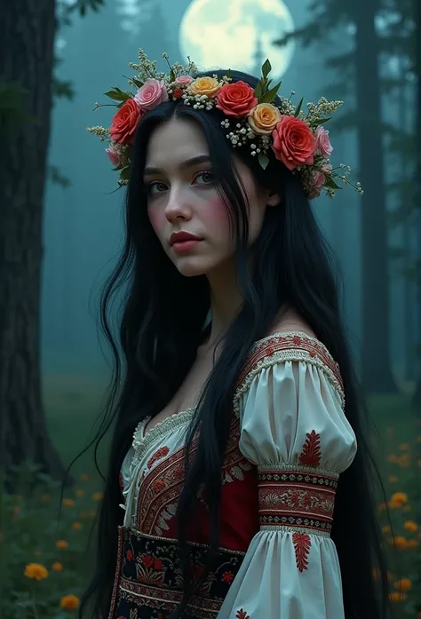 avril lavigne, Slavic clothes , wreath of flowers, night full moon, the forest,  close-up