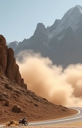 Mountain background with brown stones blowing out sand smoke for racing track without motorcycles