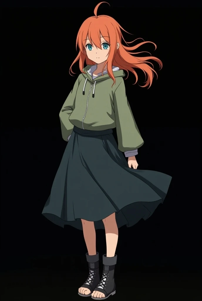 Create an image of a beautiful girl standing and full bodied, Mai Yamamoto  ( eleven years ).  Character from the anime Naruto Classic .  straight fire-colored orange hair with two white locks highlighted in the front. A half fringe pulled to the right sid...