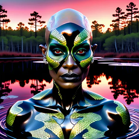 Woman, emerging from the still lake water, her plain gorgon face is reflected on the surface of the water as (face, ornate black metal  paint, resembles Grace Jones), perfect reflection, showcase detailed expressive reflection, splash page compressed comic...