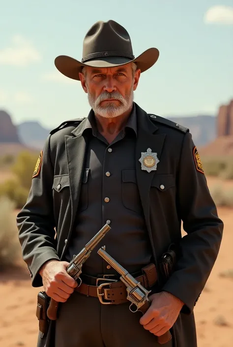 Western man in a police suit with two guns