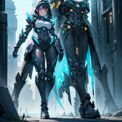 (((masterpiece, best quality, high detailed, 16k))) (1girl) A tall, imposing warrior with cybernetic enhancements and glowing neon circuitry running through her body. Her armor is sleek and futuristic, pulsing with energy from an otherworldly source. Her e...