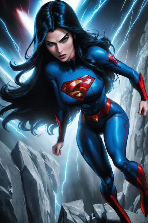 a woman with long black hair and blue eyes, wearing a red and blue superhero costume, powerful superhero pose, dynamic action sc...