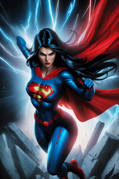 a woman with long black hair and blue eyes, wearing a red and blue superhero costume, powerful superhero pose, dynamic action sc...