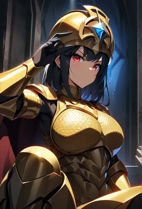 cool great imperator 1girl,anime,score_9, score_8_up, score_7_up, source_anime, best quality, golden armor, red eyes in dark, large breasts, perfect body, looking,c,indoor, w,golden helment covering whole head,kyah,epic,extremely cool,darkness,dimple desig...