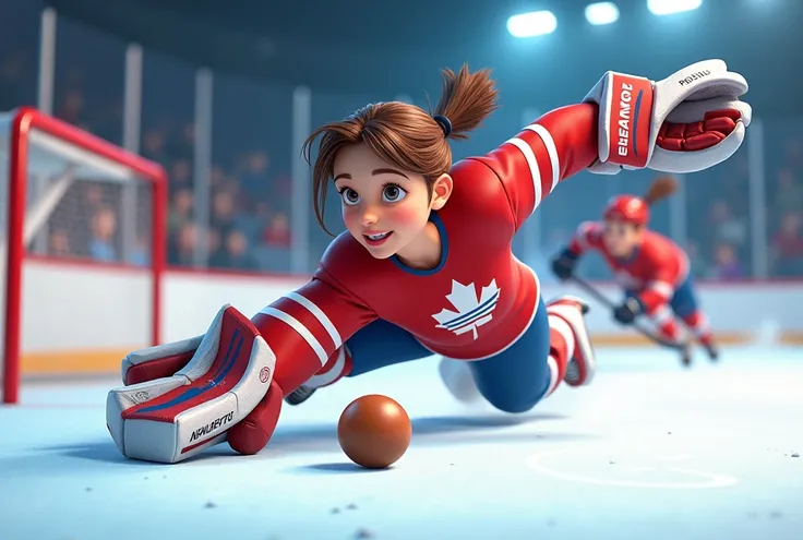 Style cartoon 3D.  Jeune gardienne de but de hockey.  Elle fait un arret en faisant le grand ecart et attrape un hot-dog dans sa mitaine 