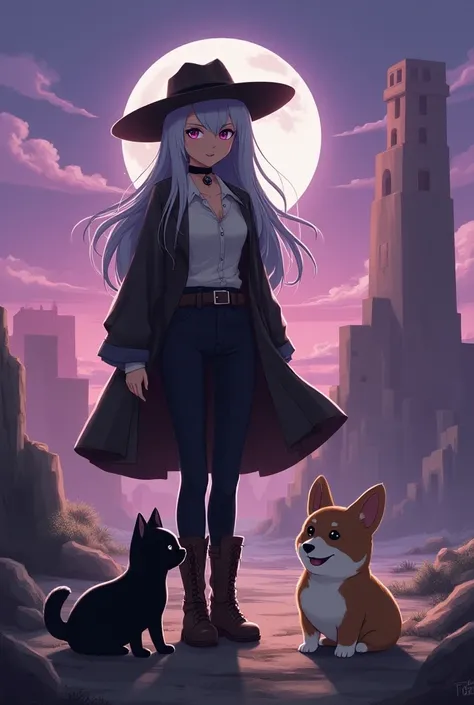   parallel,   western style silver-haired woman and   、Cute black cat、   gothic western style   、  紫色の背景で、 cute corgi dog in front of an anime-style ancient site  、 cute Peter Rabbit on purple background 、

masterpiece, Best Quality,     poster and magazin...