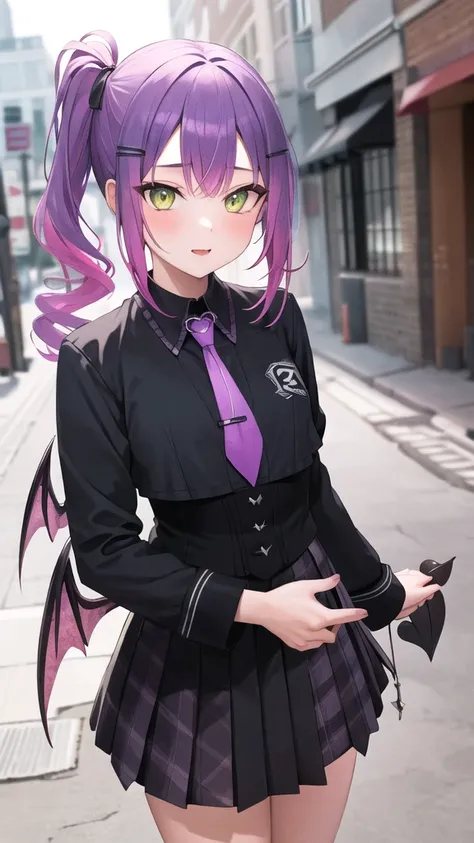 masterpiece, best quality, highres, eetowa, long hair, side ponytail, sidelocks, demon horns, hairclip, demon wings, demon tail, purple necktie, black shirt, collared shirt, long sleeves, black skirt, plaid skirt, standing, cowboy shot, street,