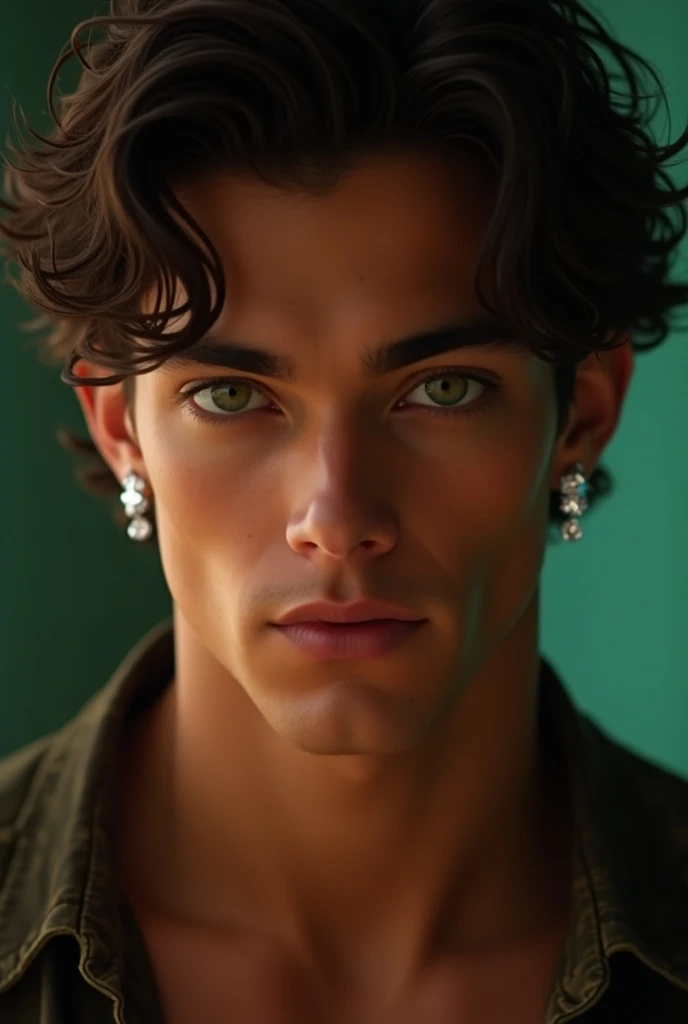 man, moreno, 25 years, big wavy dark brown hair,  green-eyed, diamond earrings