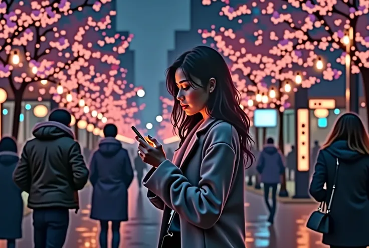 beautiful woman, night street with lights, woman using smartphone, warm pants, fragrant pink flowers, passersby, gradation of night scene, fine details, subtle tones, tranquility floating on the screen, 1girl, hyper-detailed, photorealistic, cinematic ligh...