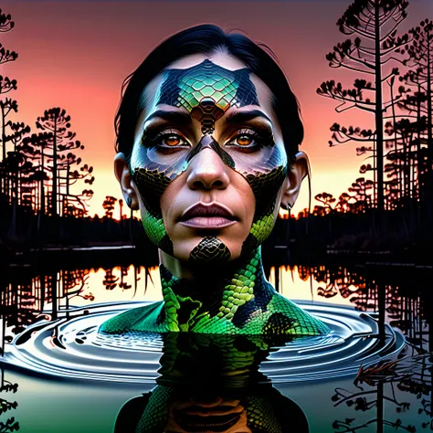 Woman, emerging from the still lake water, her plain gorgon face is reflected on the surface of the water as perfect reflection, showcase detailed expressive reflection, splash page compressed comic cover art, cinematic poster double exposure, optical illu...