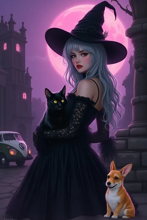     western style silver-haired woman and    、Cute black cat、    gothic western style    、  紫色の背景で、  cute corgi dog in front of an anime-style ancient site   、  cute Peter Rabbit on purple background  、

masterpiece, Best Quality,      poster and magazine ...