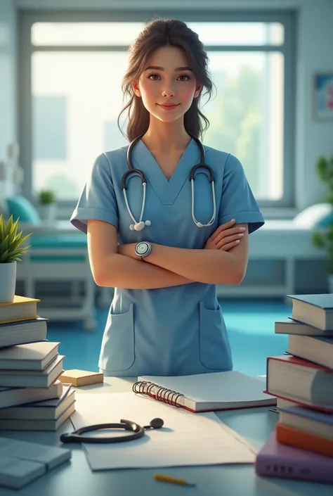  scene of a dedicated nurse student wearing uniform surrounded by medical books, a stethoscope, and care plan notes, perhaps with a hospital setting in the background to symbolize your field of study.