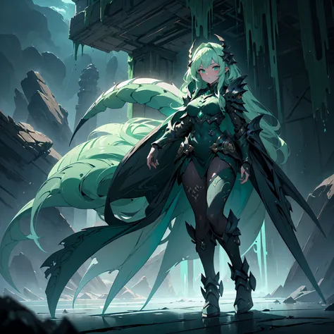 (((masterpiece, best quality, high detailed, 16k))) (1girl) A terrifying woman with flowing green hair resembling writhing tentacles, her skin a deep sea-green and covered in glowing, ancient runes. Her eyes burn with an otherworldly light as she rises fro...