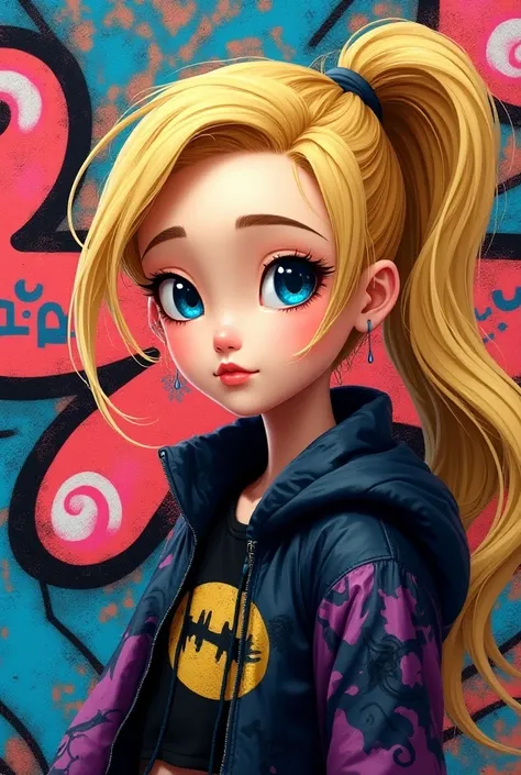 1 Girl,HANZWU ，blond, Colorful Graffiti Designs,Vivid colors,Cool design, Youthful Style ,Compact Design , Not on a Shirt or Jacket , dynamic posture,Creative Expression, vivid colors , Detailed Graffiti Patterns , art style , Fashion Youth Trend , Urban S...