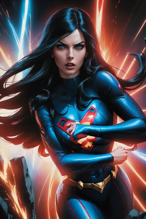 a woman with long black hair and blue eyes, wearing a red and blue superhero costume, powerful superhero pose, dynamic action sc...