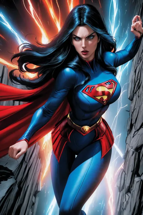 a woman with long black hair and blue eyes, wearing a red and blue superhero costume, powerful superhero pose, dynamic action sc...