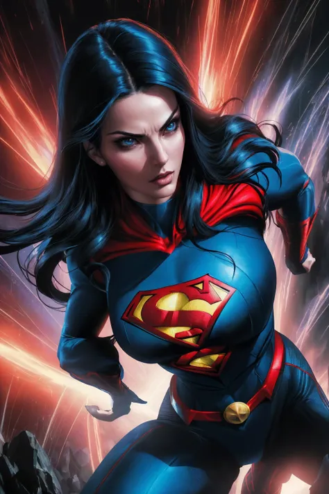 a woman with long black hair and blue eyes, wearing a red and blue superhero costume, powerful superhero pose, dynamic action sc...