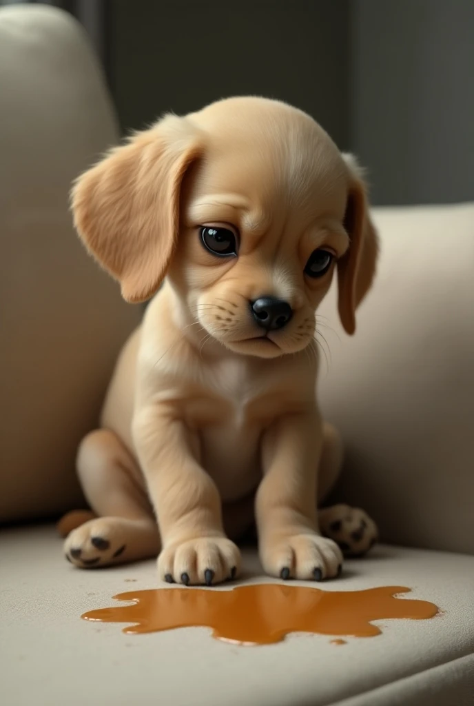 Puppy dog with a sad face next to the pee on a beige sofa showing half the couch 