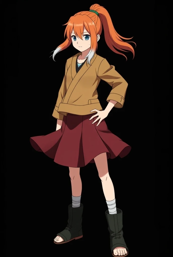 Create an image of a beautiful girl standing and full bodied, Mai Yamamoto  ( eleven years ).  Character from the anime Naruto Classic .  straight fire-colored orange hair with two white locks highlighted in the front. A half fringe pulled to the right sid...