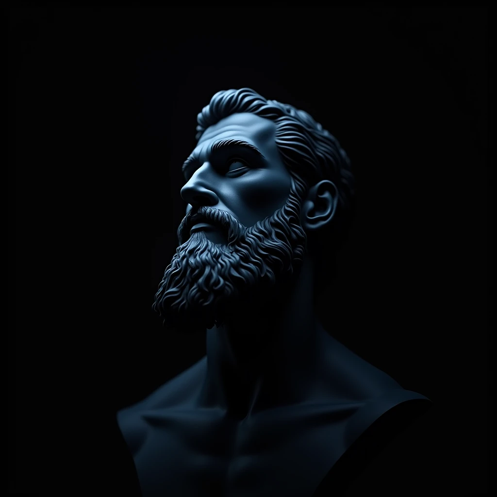 A stoic male face in introspective pose. The character has a thoughtful expression, looking up, conveying internal tension. The background is completely black, which accentuates the loneliness and internal conflict of the moment. A dark outline of white an...