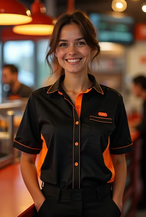 Black and orange snack bar uniform shirt