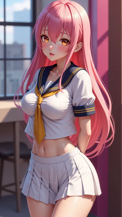 One girl、uniform　sexy　Erotic　pink Hair　mini skirt　Student Uniform　Sailor suit, Excellent anatomy, masterpiece, Highest quality,Realistic, hyperRealistic, 16k hdr,(((skirt lift))),NSFW、Long Hair、Straight Hair、bangs、freckles、pink Hair、high school girl、White ...