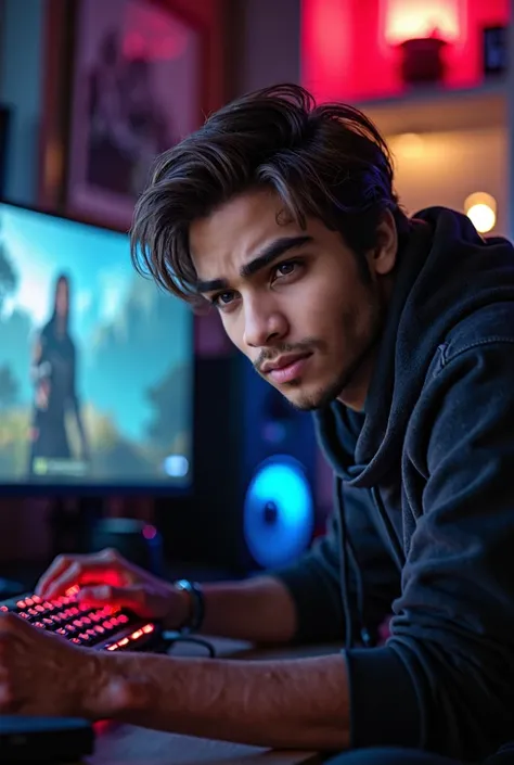 a handsome young man playing video games,medium/long hair,detailed gamer room,gaming lighting,realistic,highly detailed