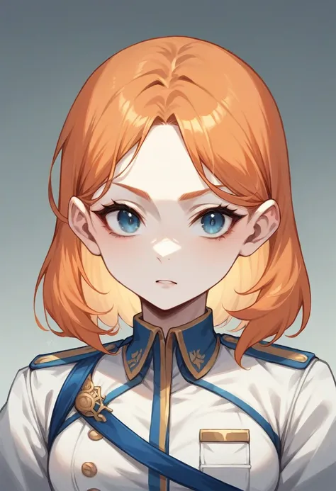 Young woman with orange hair. Has bangs that cover her forehead and eyebrows, making the forehead and the eyebrows not vaible. Big blue sharp eyes, slightly slanted. Pale skin. Purely white uniform, that looks like the one of a priest - doesnt have any det...