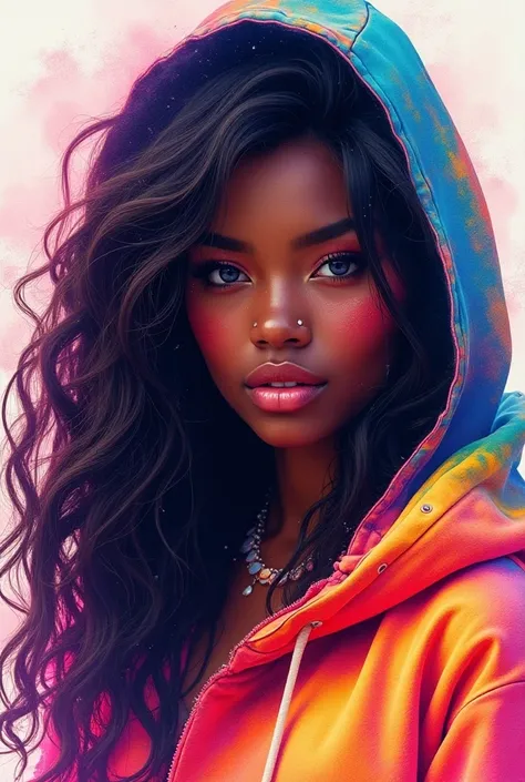 BLACK GIRL,   wearing a beautiful neon hoodie, shimmering riches , Sparkling Jewelry,   of the highest quality , Fantasy,  vibrant colors , beautiful photos,   long hair,  big, full lips ,  beautiful face, vanguarda, arte de Fantasy, Wallop art, Intense wa...