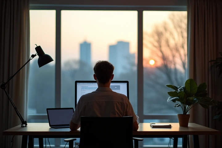 Picture a working person sitting on a chair, but looking out the window .   In the background, you can see a quiet view outside the window — trees,  the sky or cityscape in the distance ,  which symbolisPicture a person working at a computer sitting on a c...