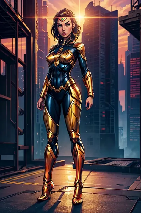 ((photo by full body, standing, Feet on the ground))comic art, woman, cyber woman, Gal Gadot, hitech suit, vivid color, golden hour