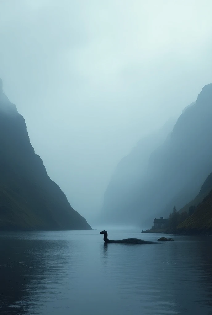 Create a panoramic image of Loch Ness at dawn, with mist over the water. Let that dark image 