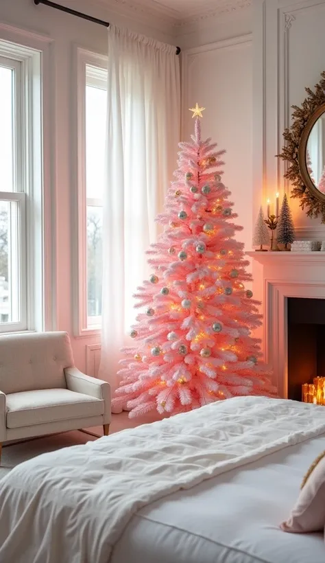 A stunning, luxurious white bedroom adorned with soft, elegant furnishings. In the corner, a beautifully decorated pink Christmas tree stands, its delicate ornaments shimmering with a gentle glow. The tree is subtly accented with touches of gold, adding a ...