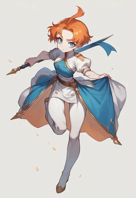 Young woman with orange hair. Has bangs that cover her forehead and eyebrows, making the forehead and the eyebrows not visible. Big blue sharp eyes, slightly slanted. Pale skin. Purely white uniform, that looks like the one of a priest - doesnt have any de...