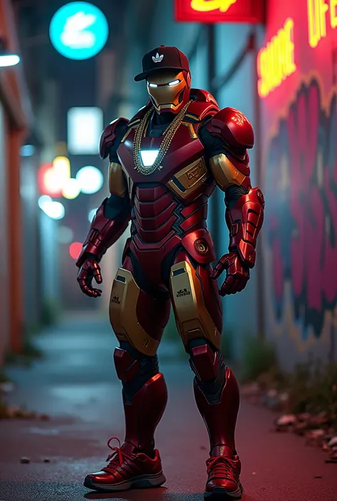 A hyper-realistic professional photograph of Iron Man in a hip-hop style, captured with a Sony A7R IV and a 85mm f/1.4 lens in 8K resolution. Iron Man is depicted in a gritty, urban setting, surrounded by graffiti-covered walls and neon lights. He is weari...