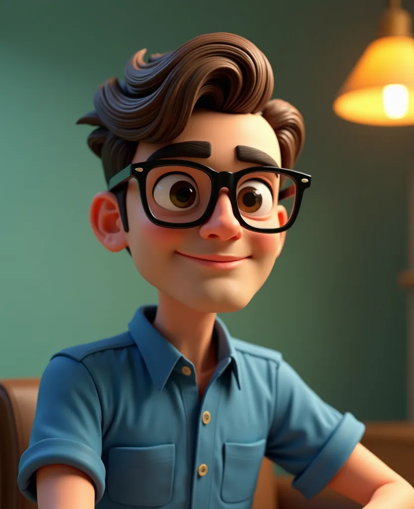 Cartoon character of a man wearing black glasses and a blue shirt, an animated character, Stylized character,  animation style rendering , 3D stylized, Arnold Maya Rendering, Stylized 3D render, toon render keyshot, 3d character, 3d character, Stylized 3D rendering,  3D character rendering ,  cartoon character , Personagem de close up, Character Pose, (Pixar style) (master part:1.2) (bokeh effect) ( best quality ) (detailed skin) ( detailed texture) (8k) (clay) (  with cannabis theme  ) (sharp focus，Sits and leaks the upper body